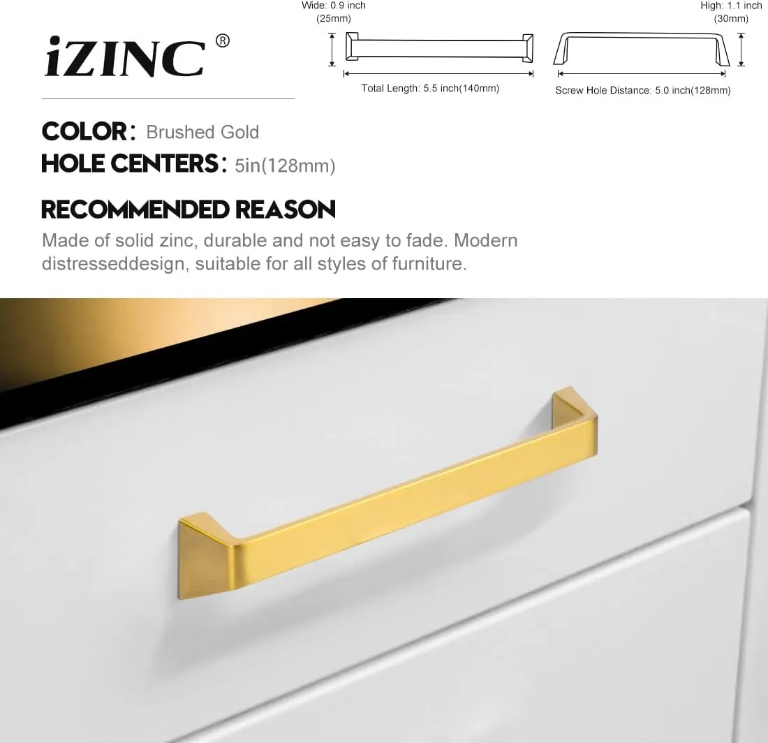 10 Pack Solid Zinc Glod Drawer Pulls, 5 Inch/128mm Brushed Gold Cabinet Pulls,Modern Dresser Handles,Kitchen Hardware for Bathroom and Cabinet