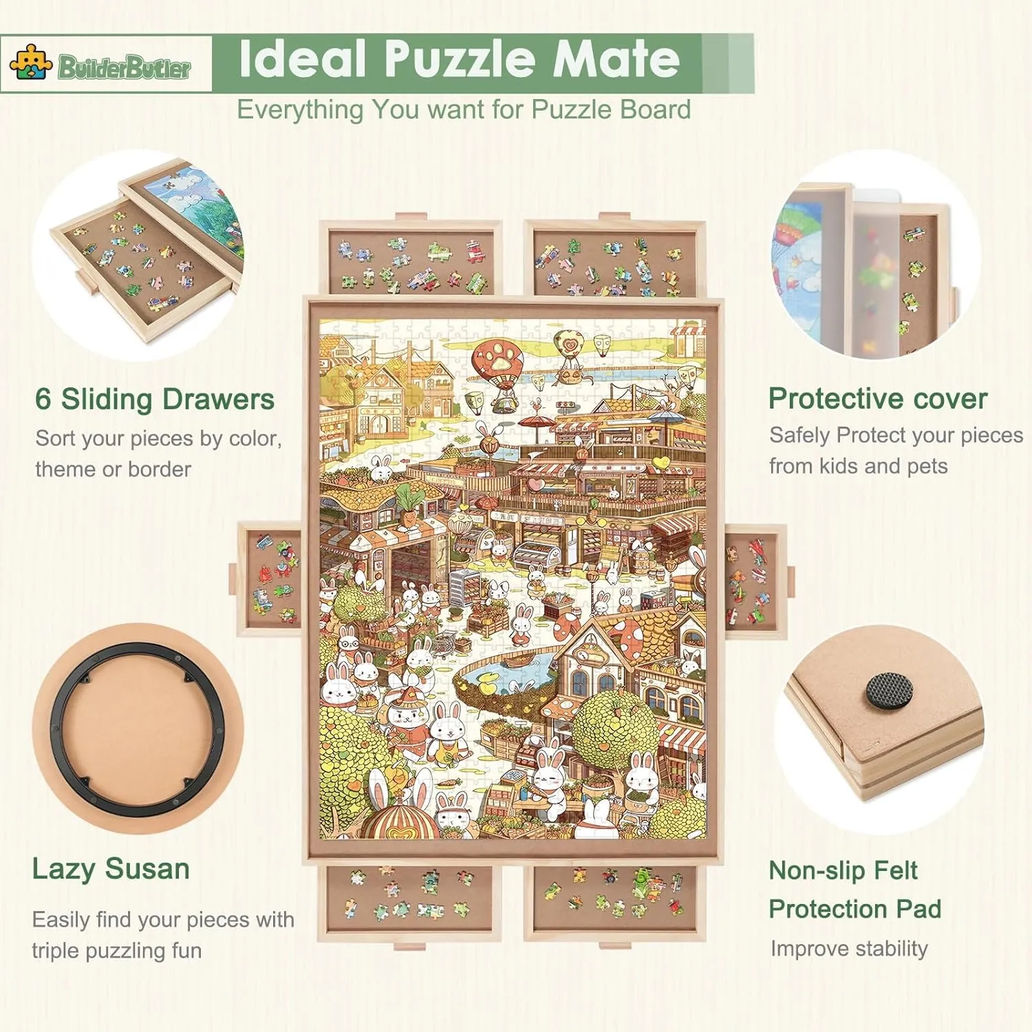 1000 Pieces Rotating Puzzle Board with 6 Drawers,30.16"x22.44" Portable Wooden Jigsaw Puzzle Table with Lazy Susan Spinning Cover
