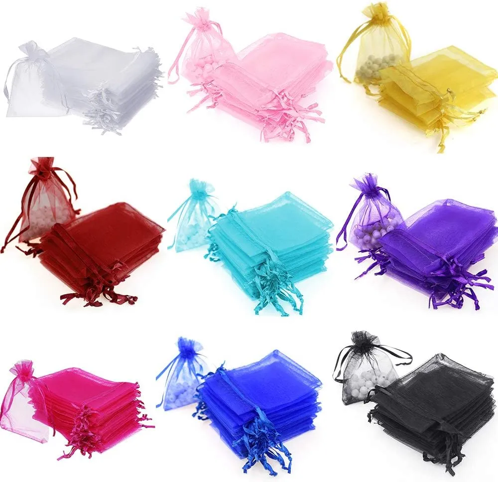 100/200PCS Organza Gift Candy Sheer Bags Mesh Jewelry Pouches Drawstring Bulk for Wedding Party Favors Christmas (5" X 7"(200PCS), Mixed Color)