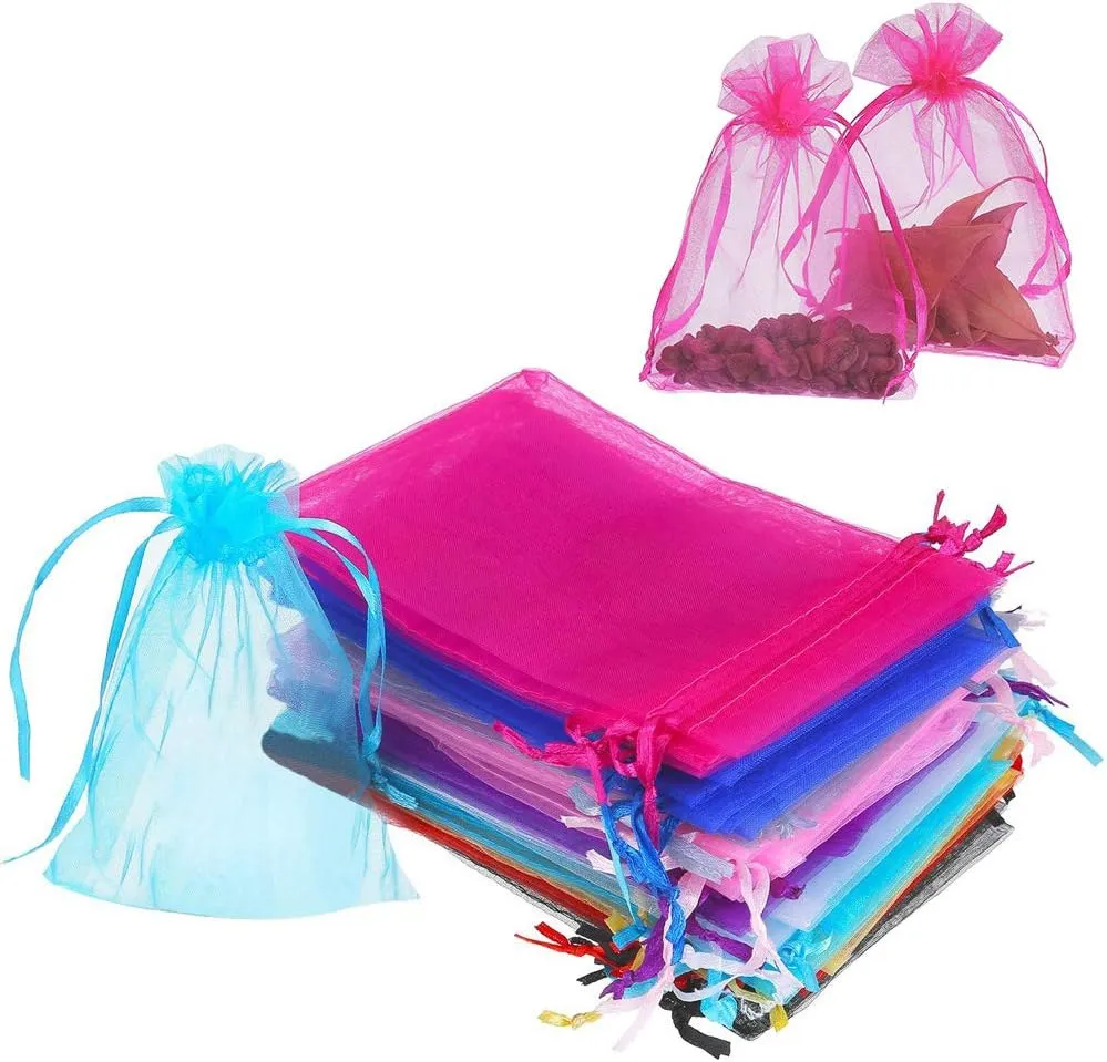 100/200PCS Organza Gift Candy Sheer Bags Mesh Jewelry Pouches Drawstring Bulk for Wedding Party Favors Christmas (5" X 7"(200PCS), Mixed Color)