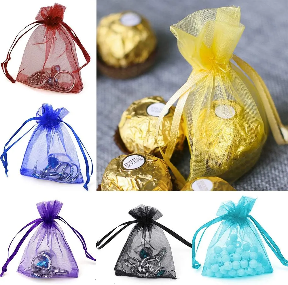100/200PCS Organza Gift Candy Sheer Bags Mesh Jewelry Pouches Drawstring Bulk for Wedding Party Favors Christmas (5" X 7"(200PCS), Mixed Color)