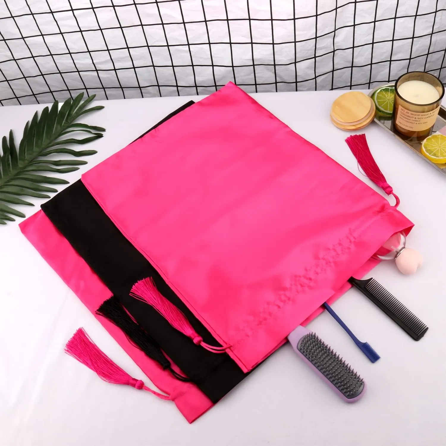 12 Pcs Silk Satin Wig Bags Hair Storage Bag With Drawstring Tassel for Packaging Wigs-Bundles-Hair Extensions and Hair Tools Multipurpose Large Bags