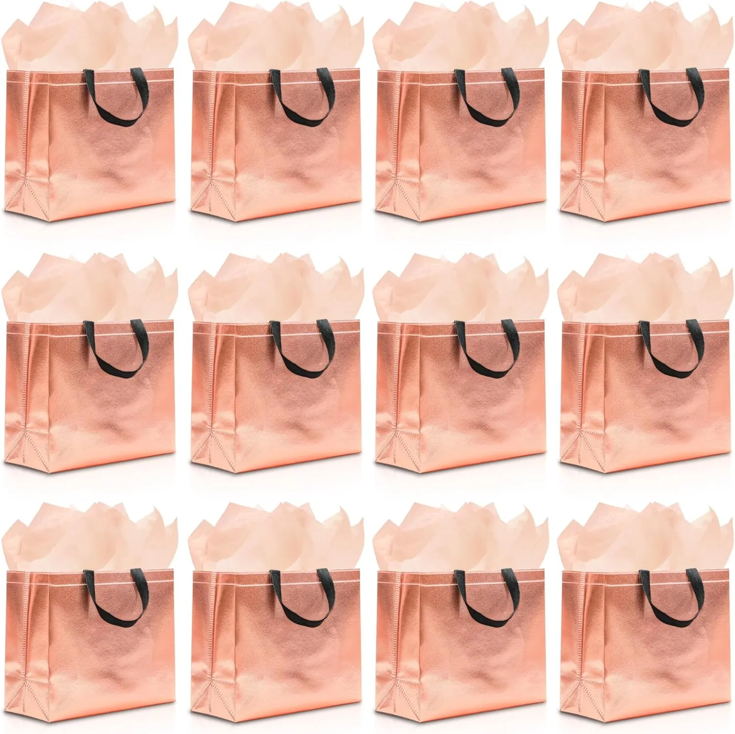 12Pcs Reusable Gift Bags（Includes Tissue Paper） Gift bag with handle Birthdays Parties Holidays Weddings Medium 13x5x11in Rose Gold Bags
