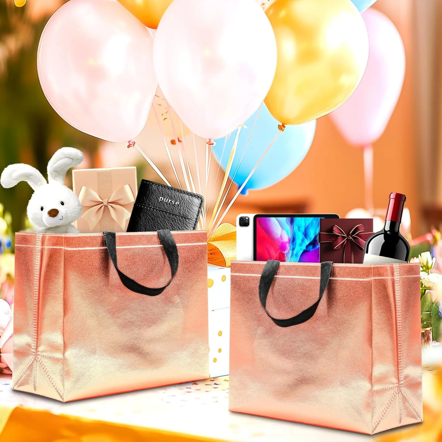 12Pcs Reusable Gift Bags（Includes Tissue Paper） Gift bag with handle Birthdays Parties Holidays Weddings Medium 13x5x11in Rose Gold Bags