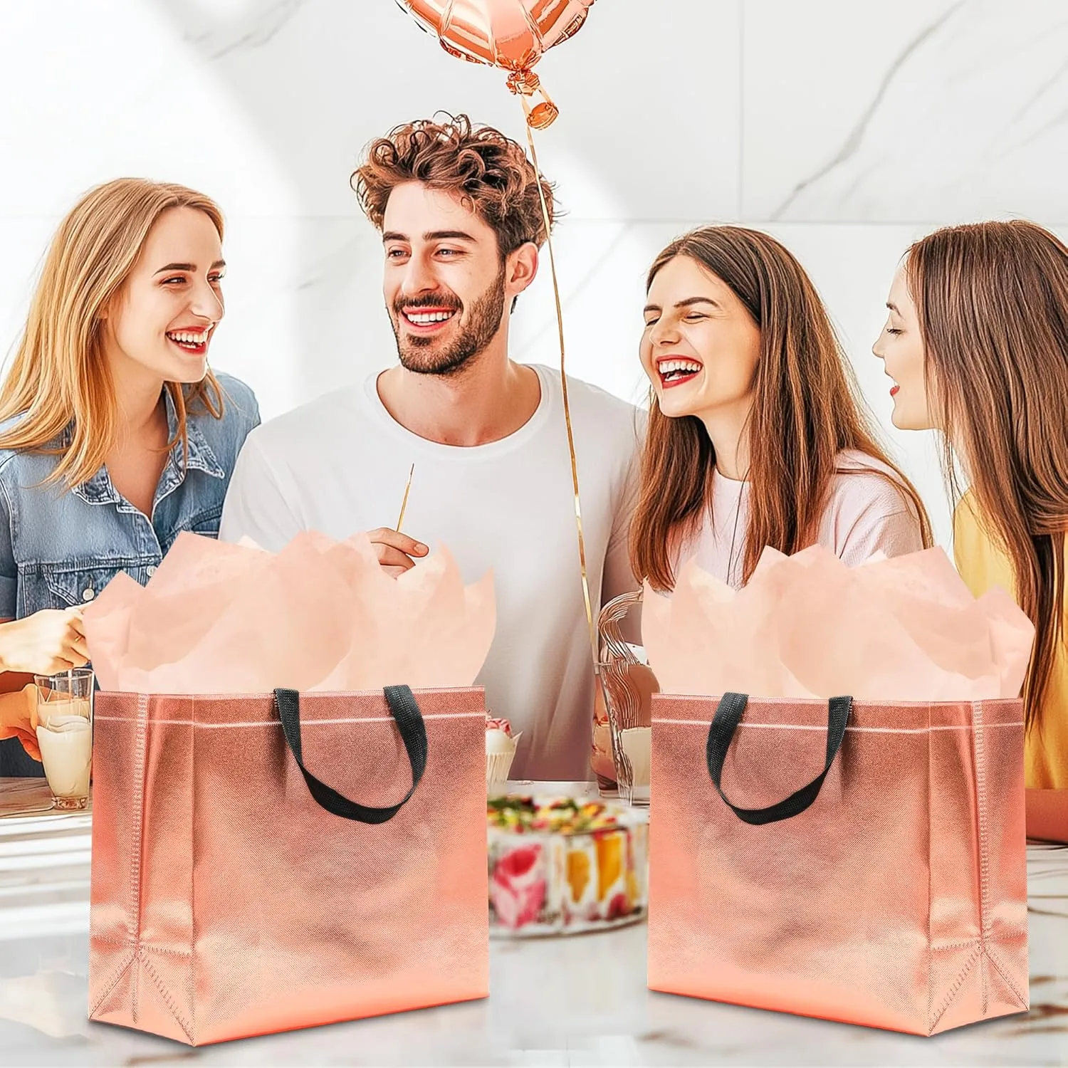 12Pcs Reusable Gift Bags（Includes Tissue Paper） Gift bag with handle Birthdays Parties Holidays Weddings Medium 13x5x11in Rose Gold Bags