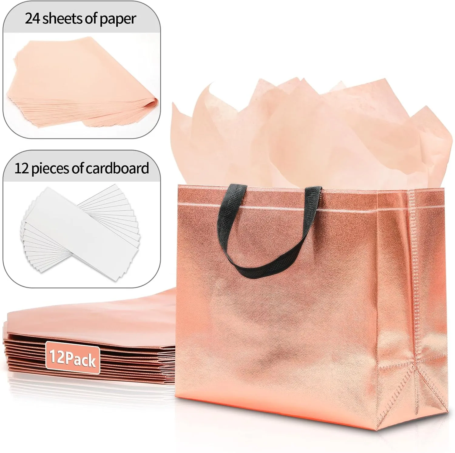 12Pcs Reusable Gift Bags（Includes Tissue Paper） Gift bag with handle Birthdays Parties Holidays Weddings Medium 13x5x11in Rose Gold Bags