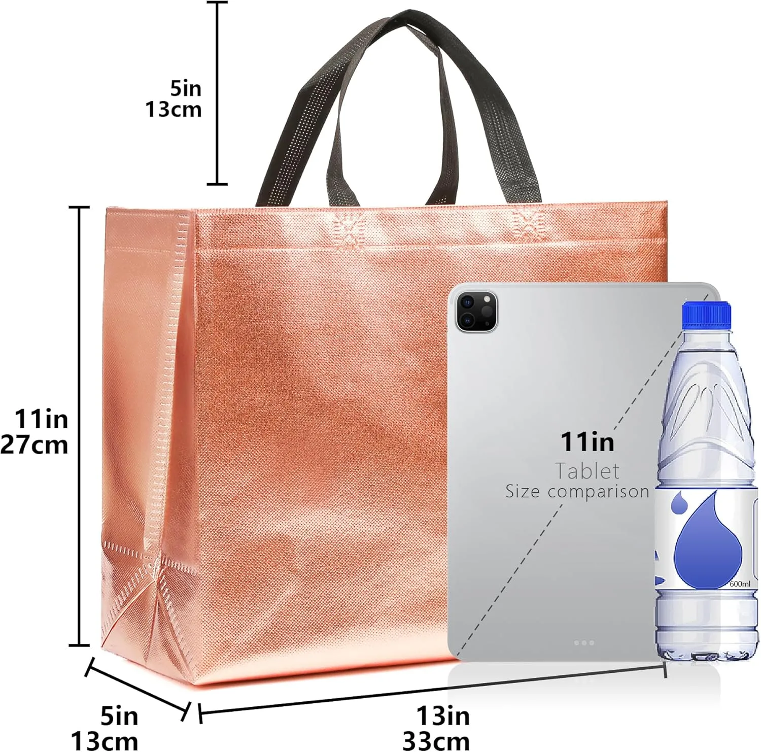 12Pcs Reusable Gift Bags（Includes Tissue Paper） Gift bag with handle Birthdays Parties Holidays Weddings Medium 13x5x11in Rose Gold Bags