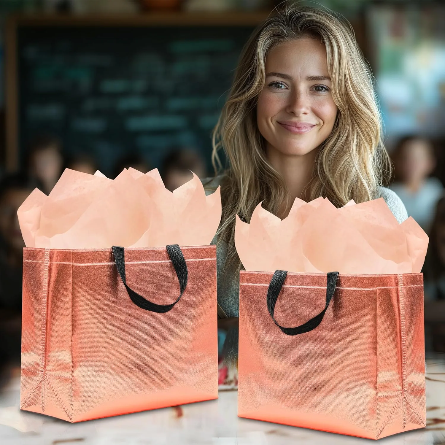 12Pcs Reusable Gift Bags（Includes Tissue Paper） Gift bag with handle Birthdays Parties Holidays Weddings Medium 13x5x11in Rose Gold Bags