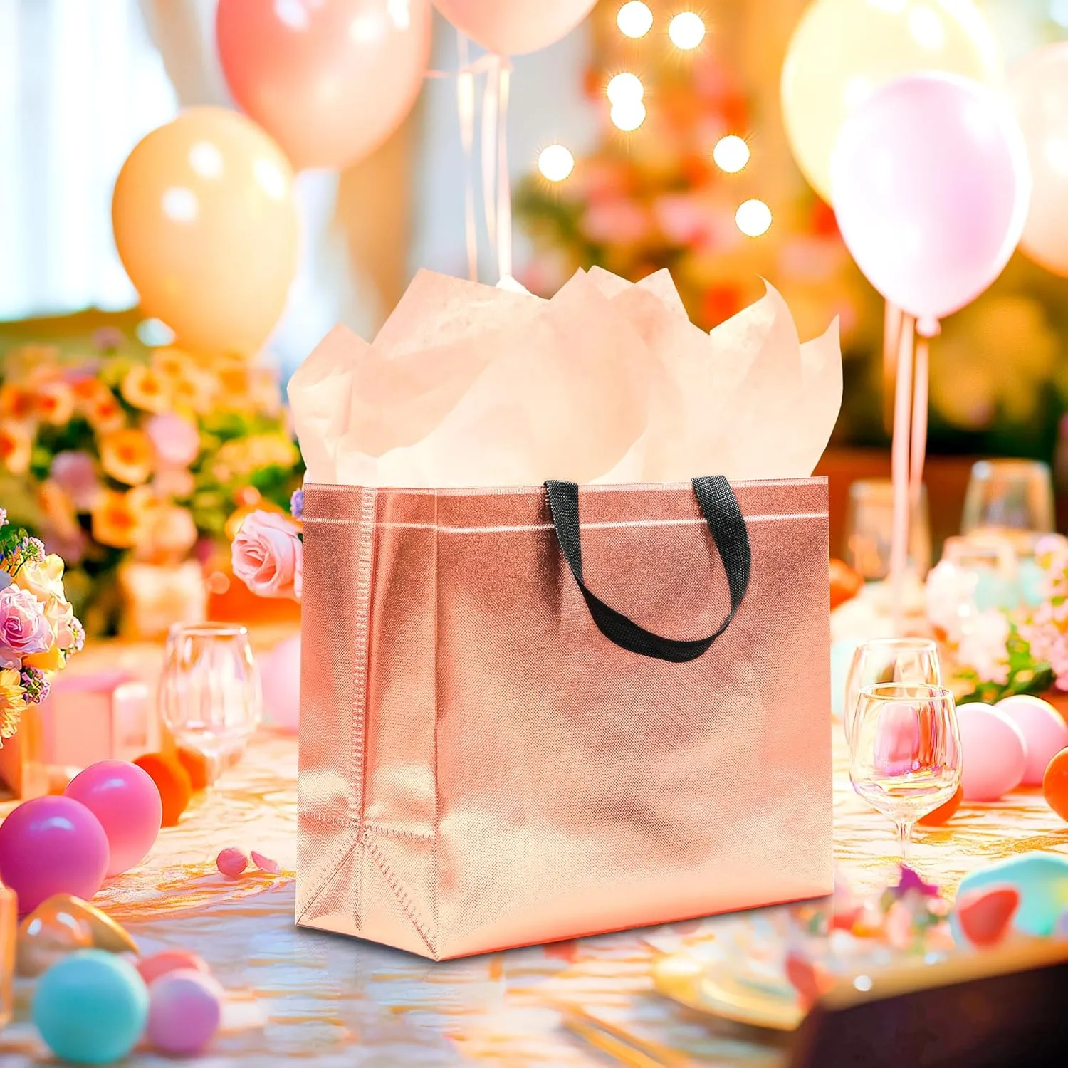 12Pcs Reusable Gift Bags（Includes Tissue Paper） Gift bag with handle Birthdays Parties Holidays Weddings Medium 13x5x11in Rose Gold Bags