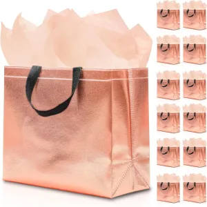 12Pcs Reusable Gift Bags（Includes Tissue Paper） Gift bag with handle Birthdays Parties Holidays Weddings Medium 13x5x11in Rose Gold Bags