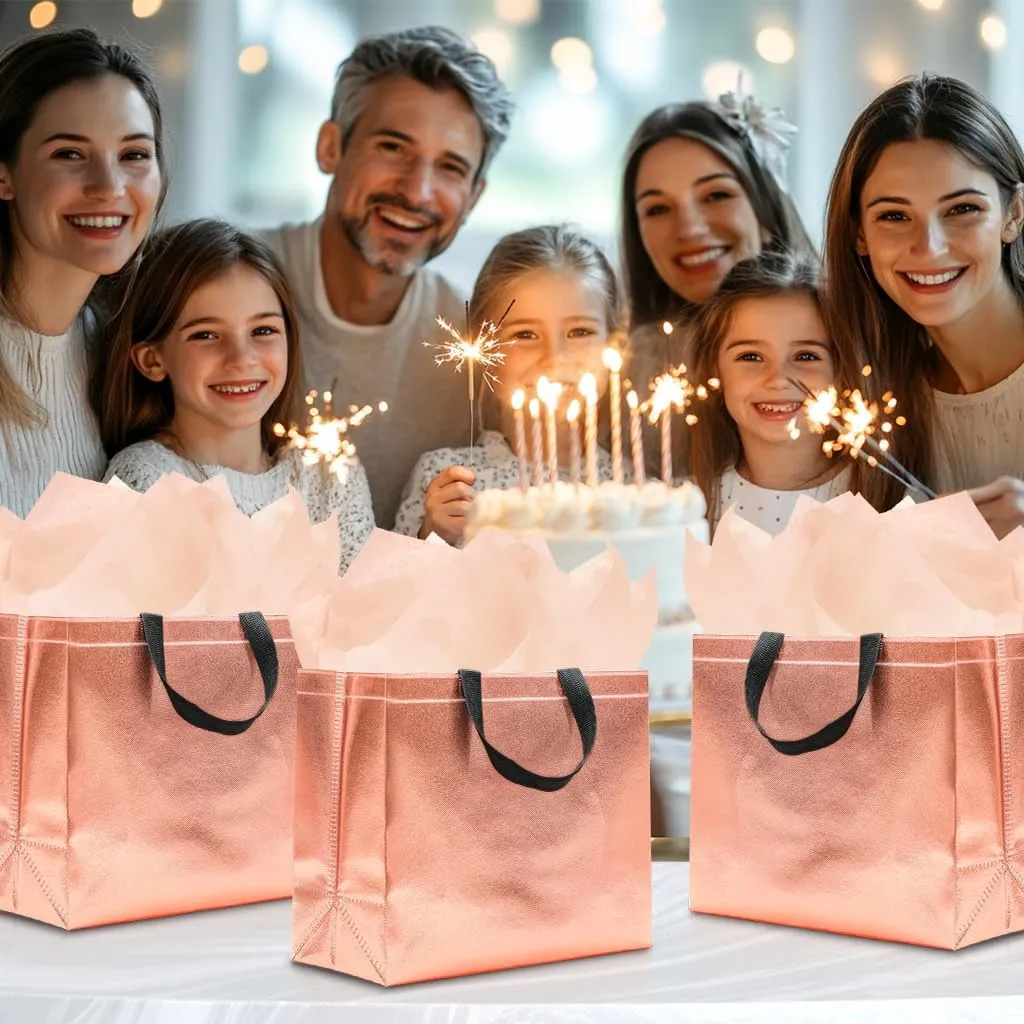 12Pcs Reusable Gift Bags（Includes Tissue Paper） Gift bag with handle Birthdays Parties Holidays Weddings Medium 13x5x11in Rose Gold Bags