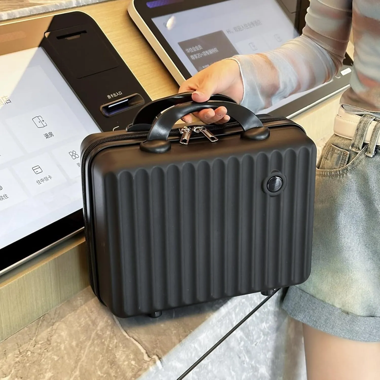 13 Inch Makeup Train Cosmetic Case Hard Shell ABS Portable Mini Suitcase for Hand Luggage w Elastic Straps Organizer Makeup Toiletry, Gift for Her Women