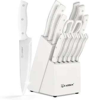 15-Piece White Kitchen Knife Set with Built-in Sharpening Stone, Ergonomic Triple Rivet Fixed Handles, Dishwasher Safe