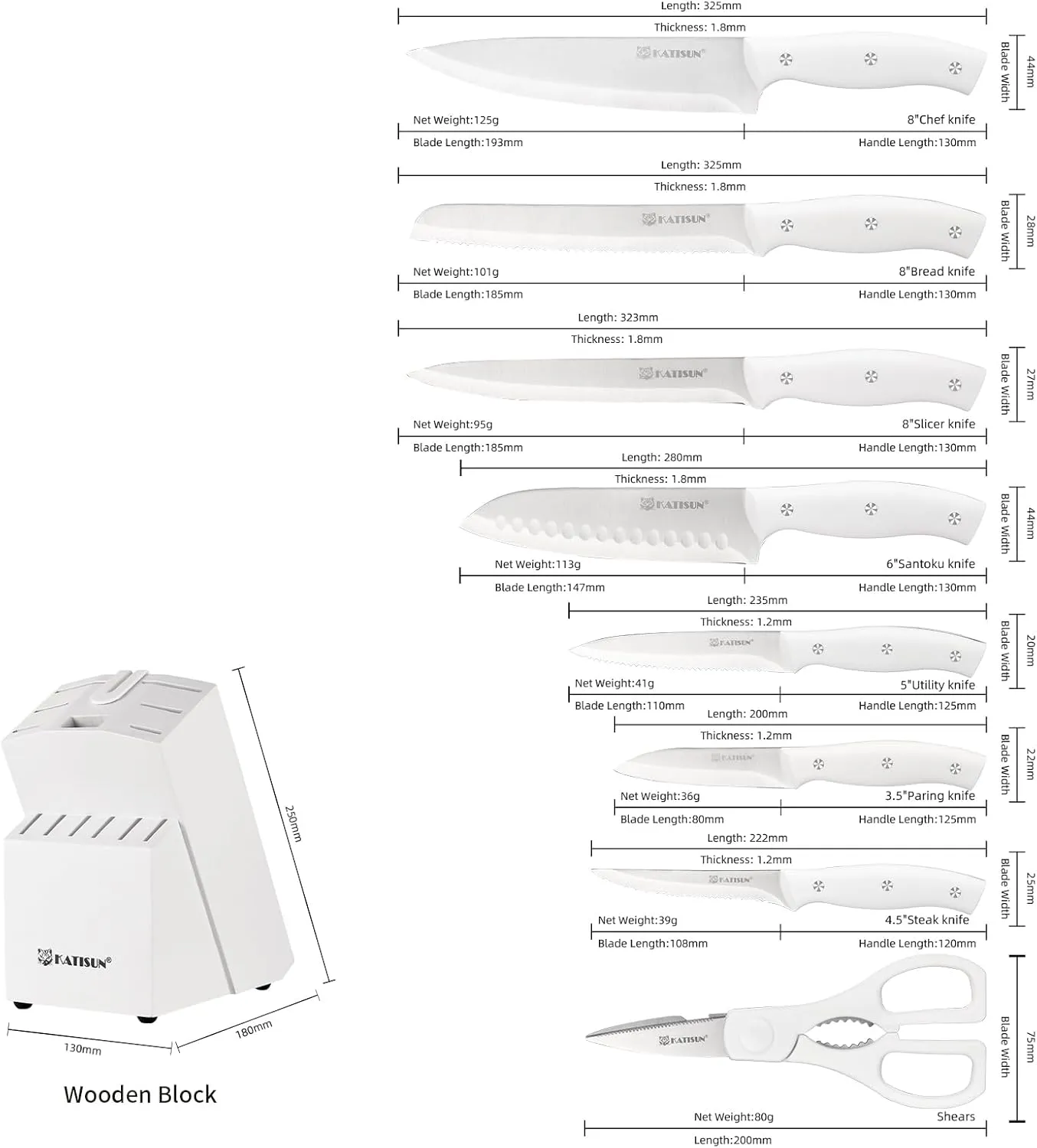 15-Piece White Kitchen Knife Set with Built-in Sharpening Stone, Ergonomic Triple Rivet Fixed Handles, Dishwasher Safe