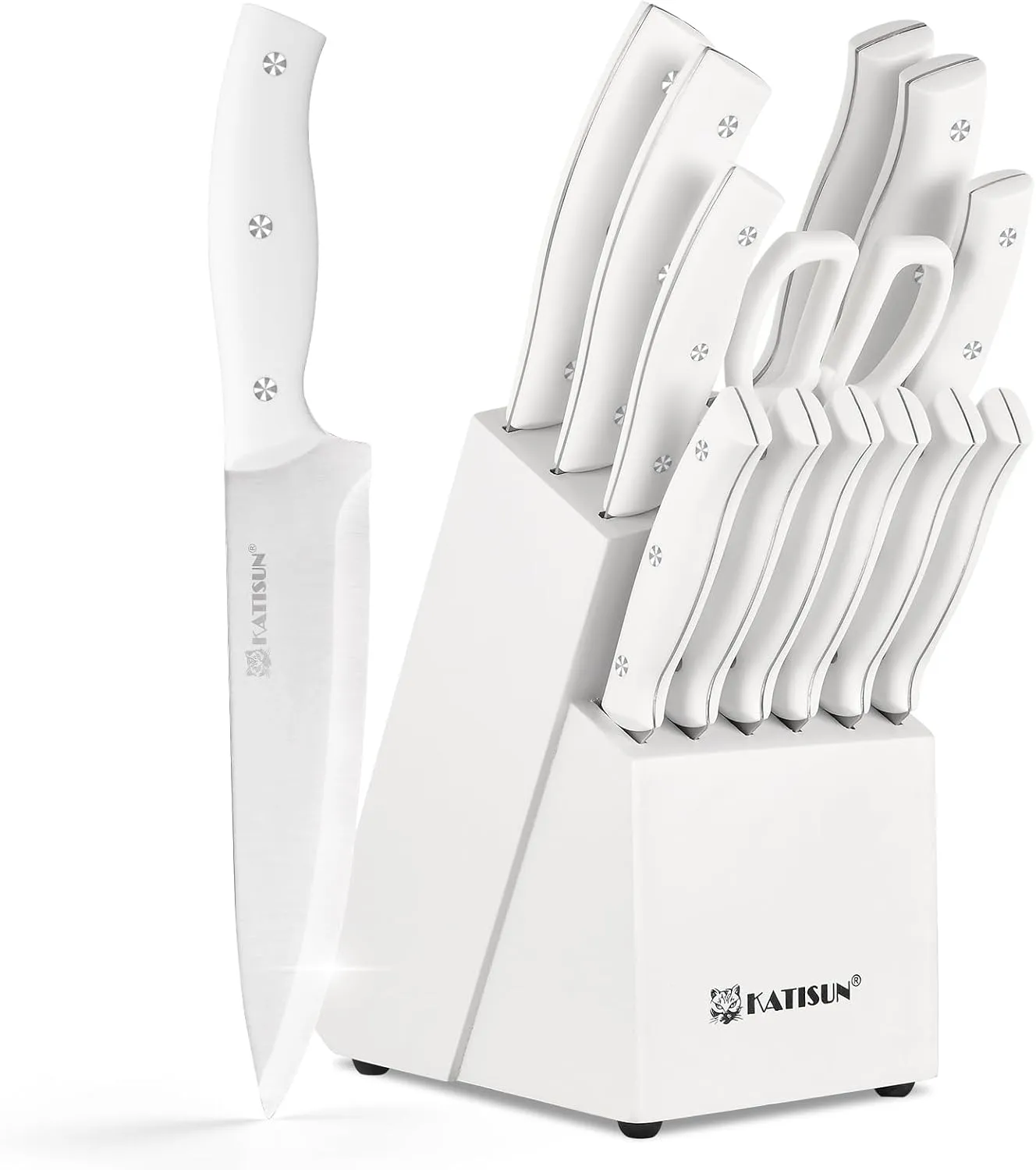 15-Piece White Kitchen Knife Set with Built-in Sharpening Stone, Ergonomic Triple Rivet Fixed Handles, Dishwasher Safe