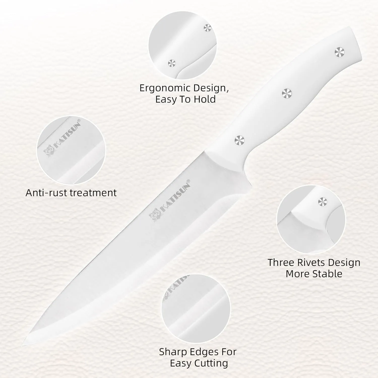 15-Piece White Kitchen Knife Set with Built-in Sharpening Stone, Ergonomic Triple Rivet Fixed Handles, Dishwasher Safe