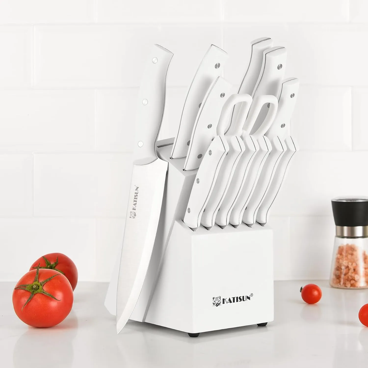 15-Piece White Kitchen Knife Set with Built-in Sharpening Stone, Ergonomic Triple Rivet Fixed Handles, Dishwasher Safe