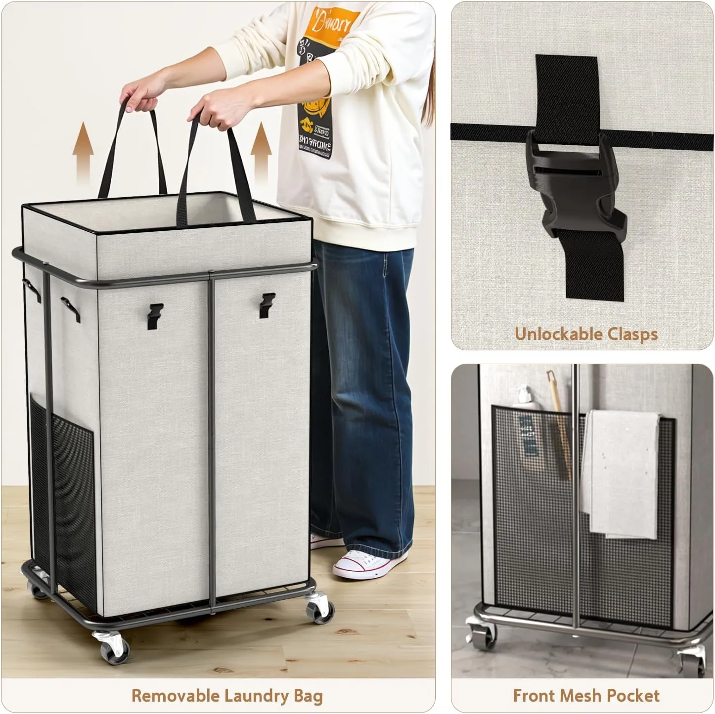 150L Large Laundry Basket with Wheels, Rolling Laundry Hamper with Removable Laundry Bag & Metal Frame, Oxford Fabric Dirty Clothes Hampers for Bedroom, Laundry Room, Bathroom, Dorm(White)