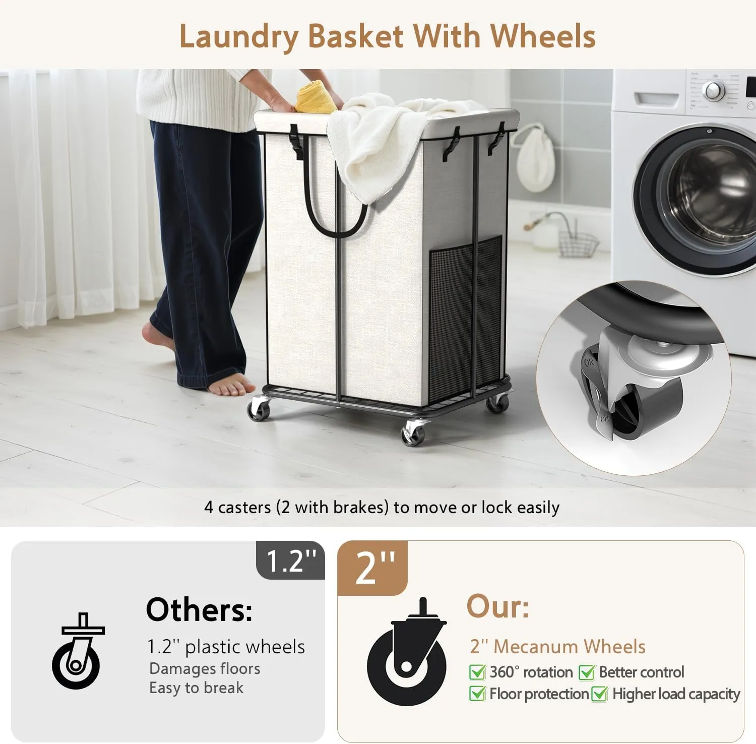 150L Large Laundry Basket with Wheels, Rolling Laundry Hamper with Removable Laundry Bag & Metal Frame, Oxford Fabric Dirty Clothes Hampers for Bedroom, Laundry Room, Bathroom, Dorm(White)