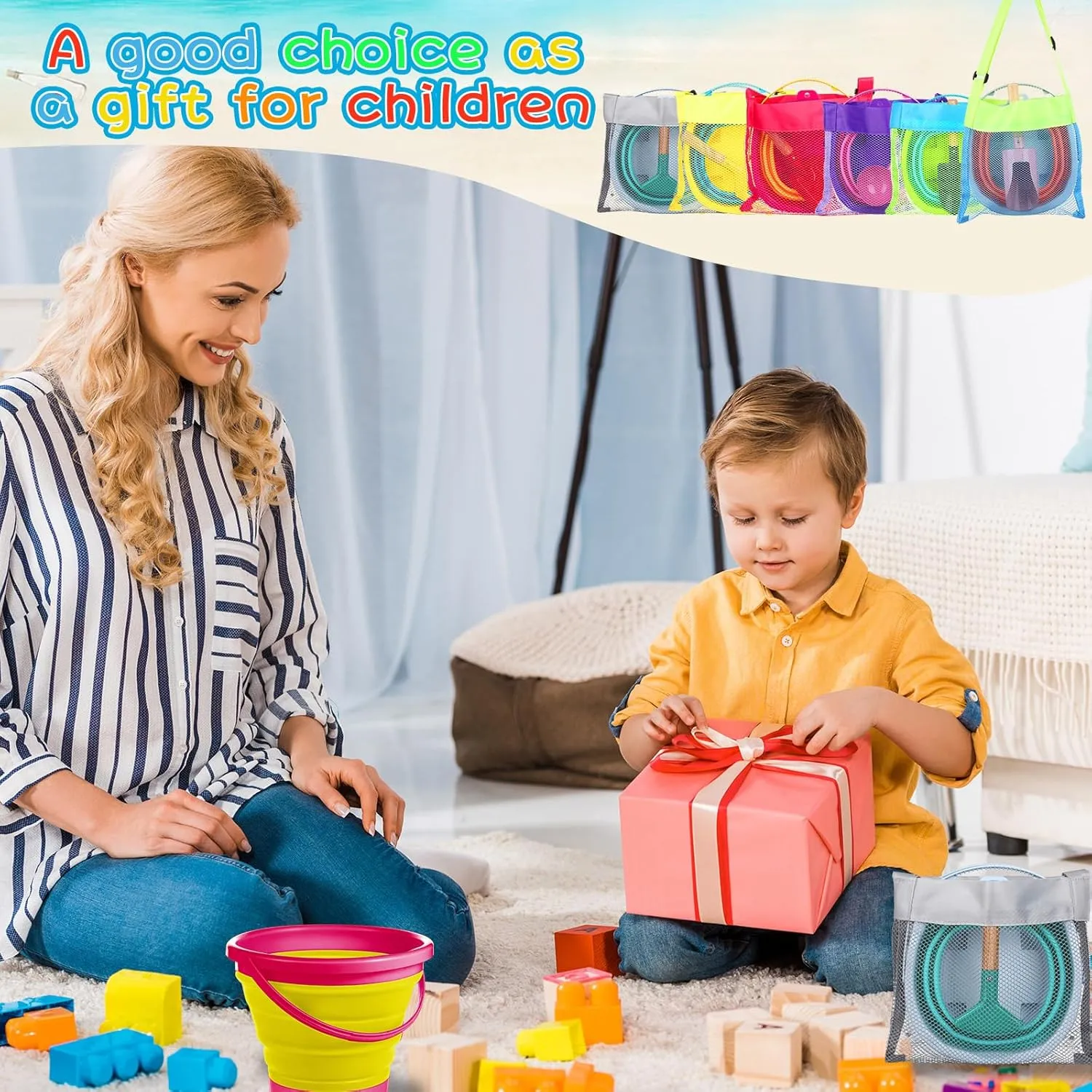 18 Pcs Collapsible Beach Toys Collapsible Sand Bucket Seashell Bags Beach Tools Metal Garden Tools Cylinder Spoon Fork Rake Flat and Pointed Shovel (6 Colors,Stylish)