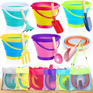 18 Pcs Collapsible Beach Toys Collapsible Sand Bucket Seashell Bags Beach Tools Metal Garden Tools Cylinder Spoon Fork Rake Flat and Pointed Shovel (6 Colors,Stylish)
