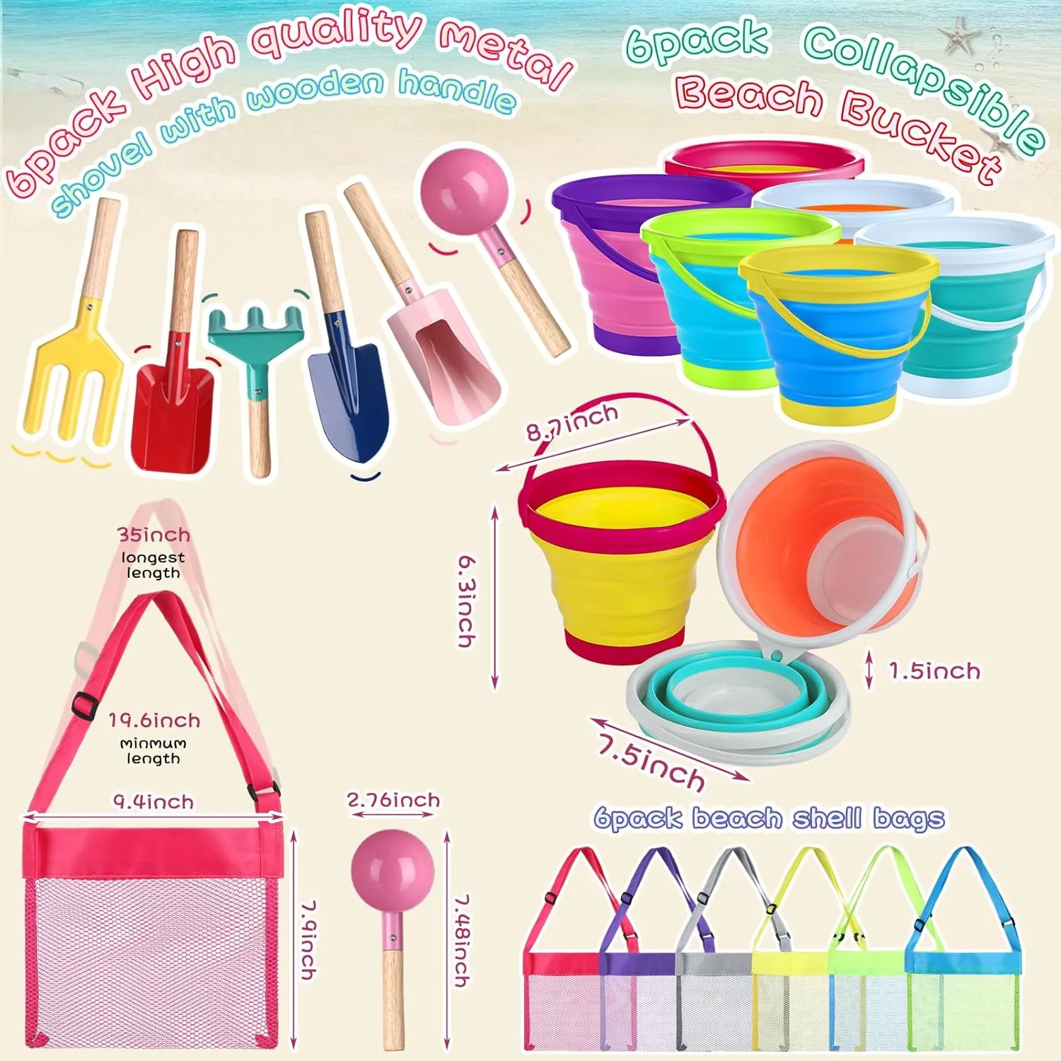 18 Pcs Collapsible Beach Toys Collapsible Sand Bucket Seashell Bags Beach Tools Metal Garden Tools Cylinder Spoon Fork Rake Flat and Pointed Shovel (6 Colors,Stylish)