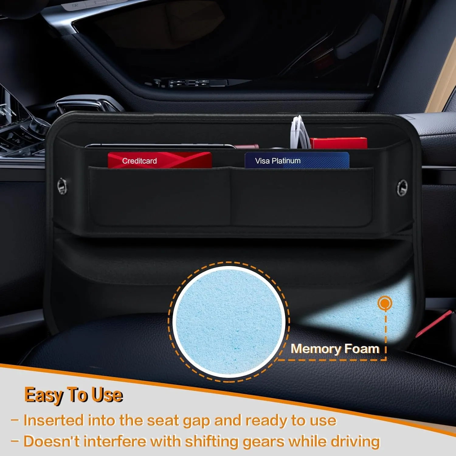 2 Pack Car Seat Gap Filler Leather Car Box Seat Organizer and Storages Automotive Accessories - Front Seats Car Adjustable Gap Filler for Phones, Glasses, Keys, Cards1