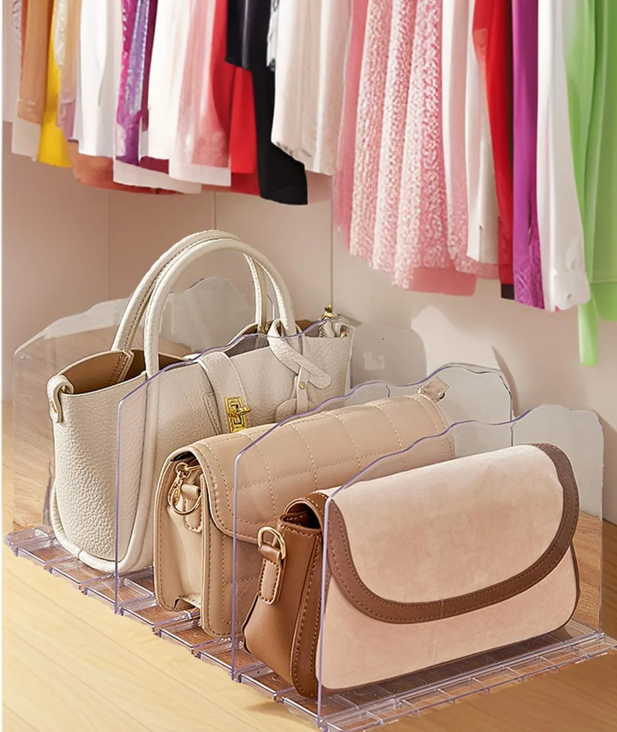 2 Pack Modern Acrylic Bag & Purse Organizer, Adjustable Clear Handbag Storage Shelf - Plastic Clutch Dividers