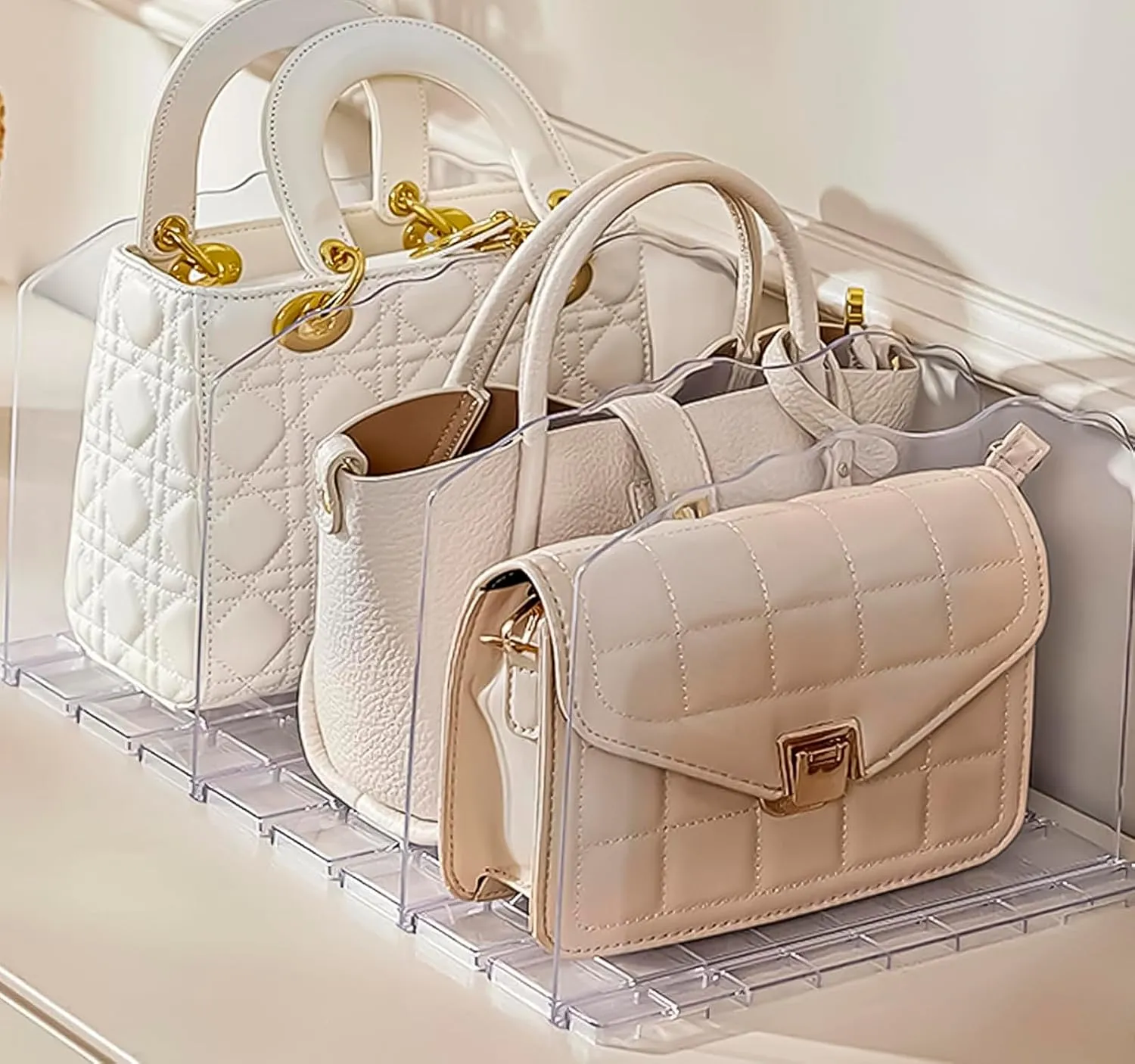2 Pack Modern Acrylic Bag & Purse Organizer, Adjustable Clear Handbag Storage Shelf - Plastic Clutch Dividers