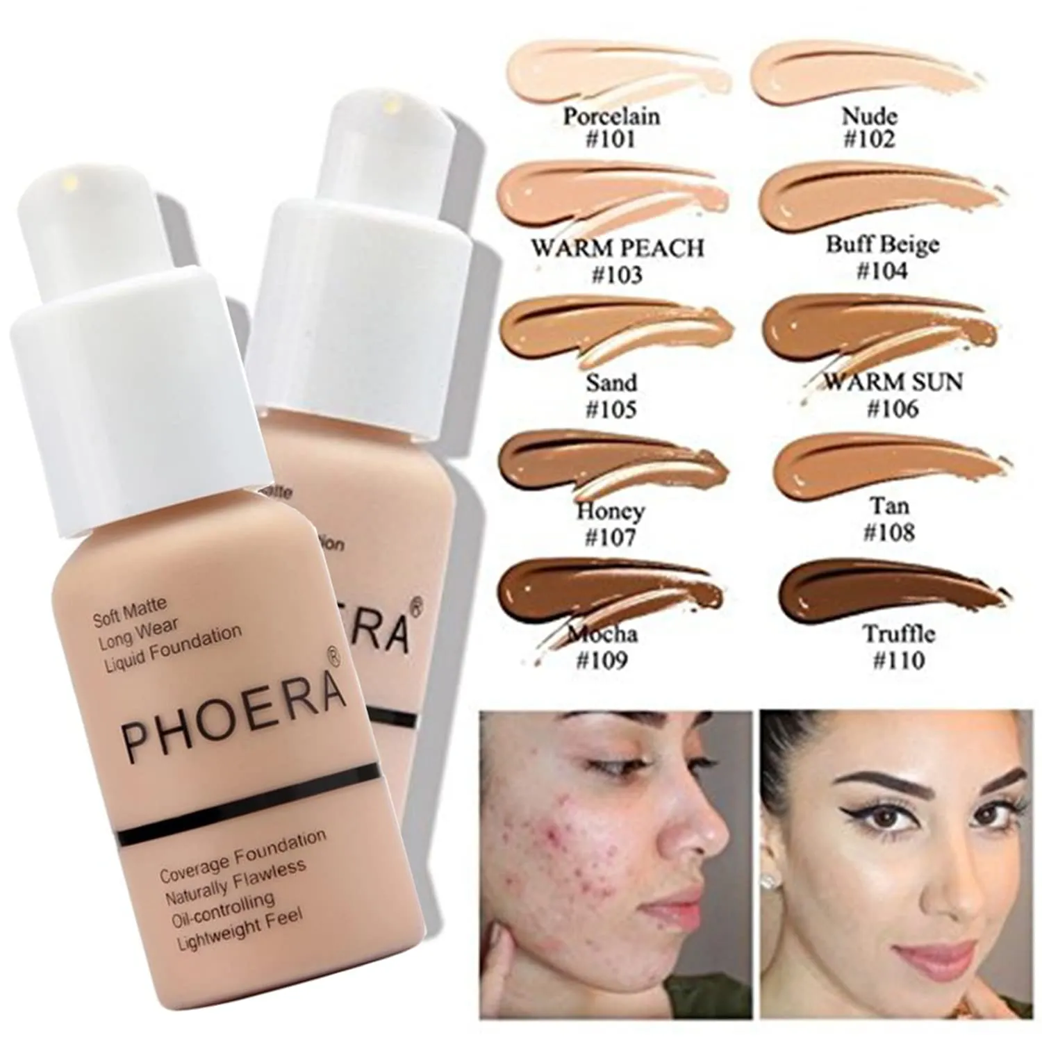 2 Pack PHOERA Foundation Buff Beige 104 and Face Primer,Liquid Full Coverage Foundation Set,Foundation Brush Powder Brush,5 Makeup Sponge,24HR Matte Oil Control Concealer (104- Buff Beige)