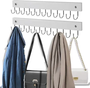 2 Pack Purse Organizer Wall Mount with 24 Rotating 180° Coat Rack, 14.6" Wooden Entryway Purse Holder, Wall Hooks for Hanging Belts, Ties, Keys, Scarf, Bras, Bag, Space Saving Hanger (White)