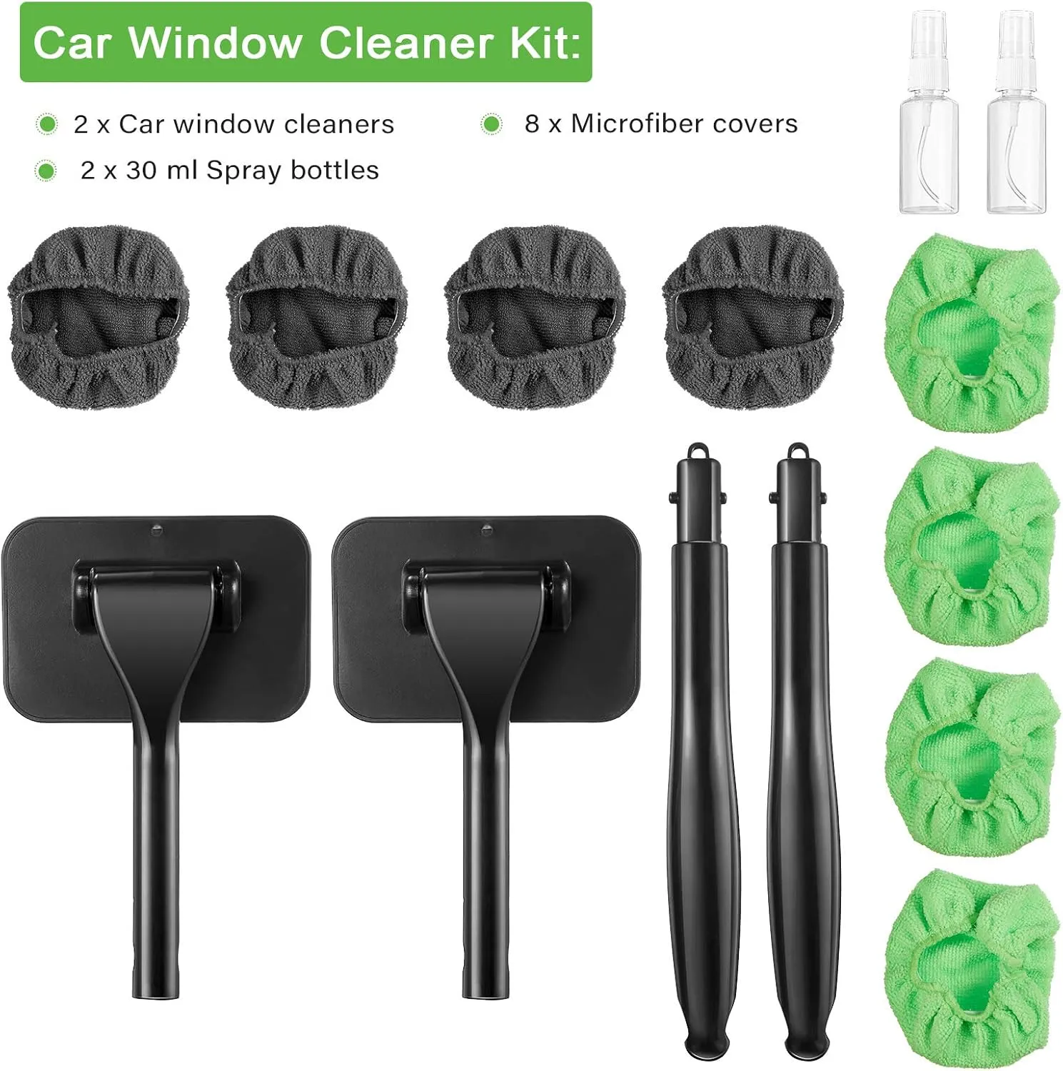 2 Pack Windshield Cleaning Tool Windshield Cleaning Wand Auto Window Cleaner with Detachable Handle, 8 Pieces Reusable Cloth Pads and 2 Pieces Spray Bottles for Car Interior (Gray, Green)