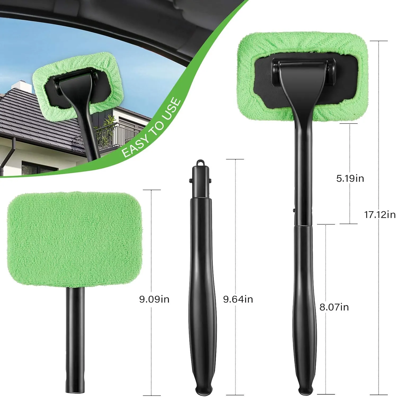2 Pack Windshield Cleaning Tool Windshield Cleaning Wand Auto Window Cleaner with Detachable Handle, 8 Pieces Reusable Cloth Pads and 2 Pieces Spray Bottles for Car Interior (Gray, Green)