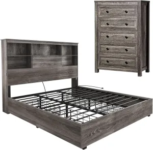 2-Piece Bedroom Set, Farmhouse King Size Bed Frame and 5 Drawers Dresser, Wooden Storage Bed with Charging Station & 4 Drawers, Tall Dressers Organizer with Metal Handles for Bedroom, Grey