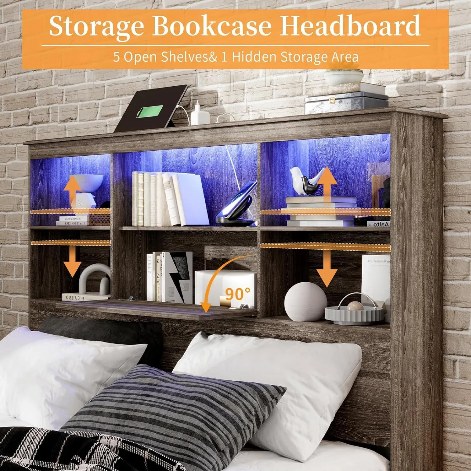 2-Piece Bedroom Set, Farmhouse King Size Bed Frame and 5 Drawers Dresser, Wooden Storage Bed with Charging Station & 4 Drawers, Tall Dressers Organizer with Metal Handles for Bedroom, Grey
