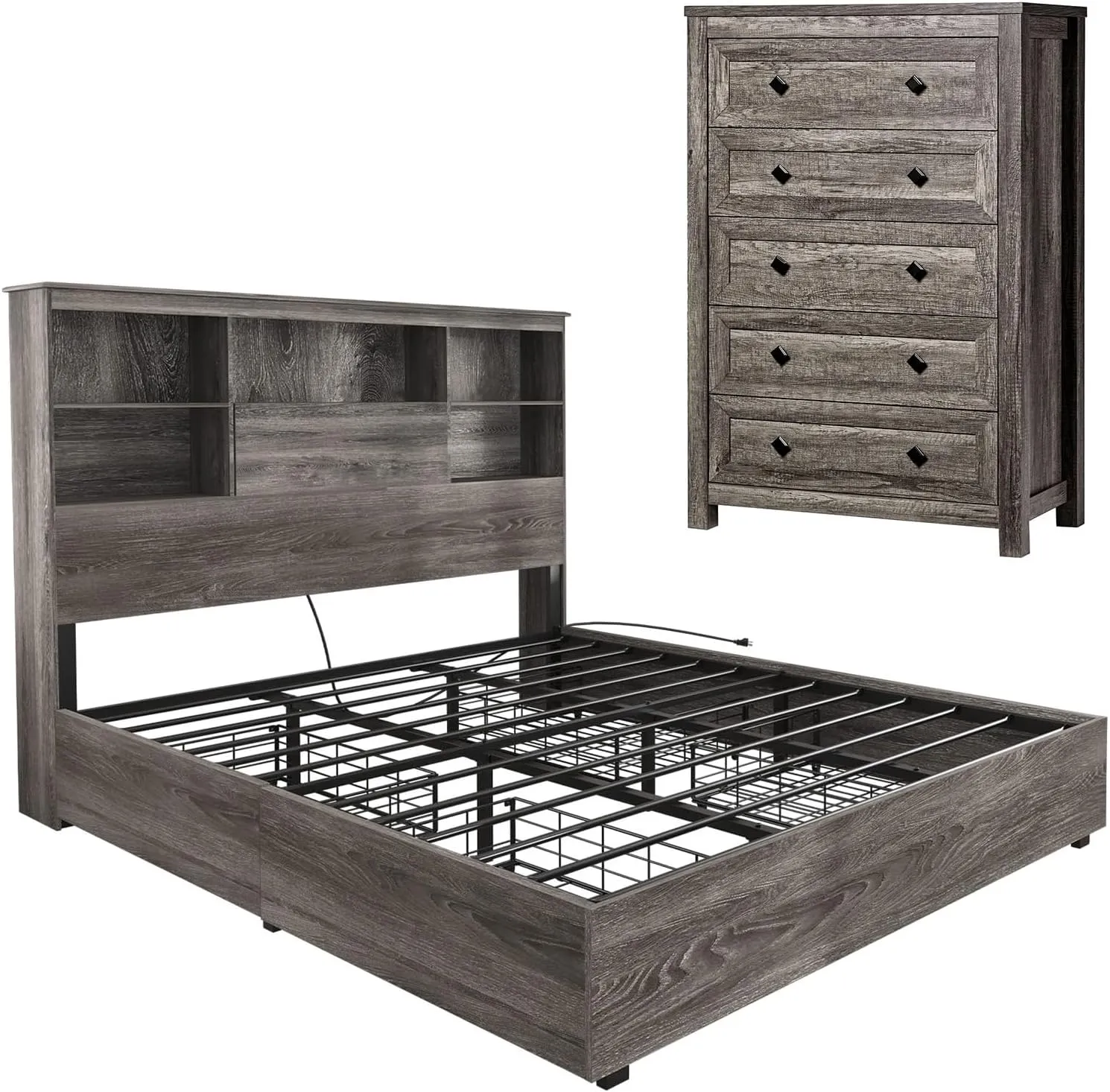 2-Piece Bedroom Set, Farmhouse King Size Bed Frame and 5 Drawers Dresser, Wooden Storage Bed with Charging Station & 4 Drawers, Tall Dressers Organizer with Metal Handles for Bedroom, Grey