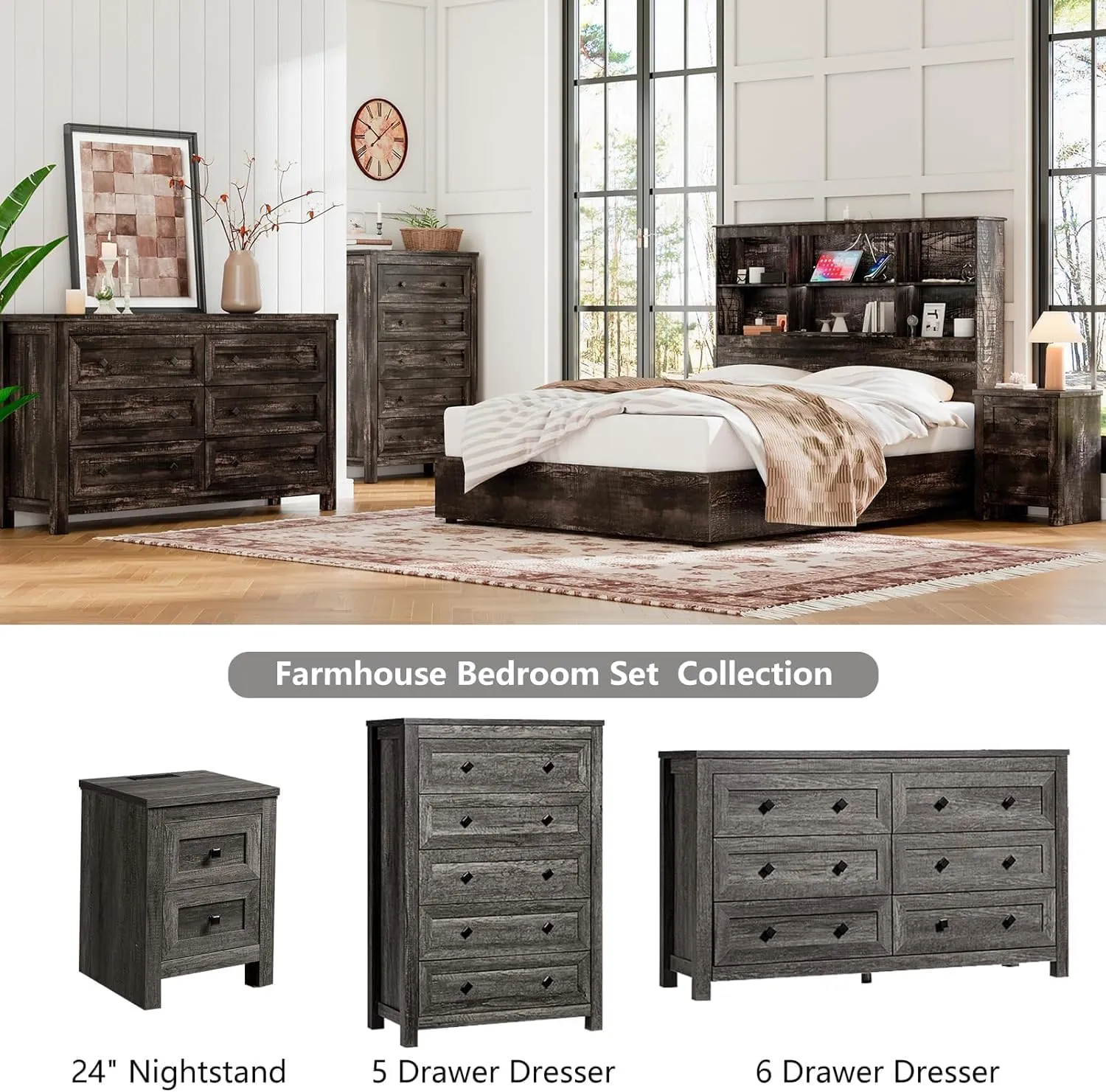 2-Piece Bedroom Set, Farmhouse King Size Bed Frame and 5 Drawers Dresser, Wooden Storage Bed with Charging Station & 4 Drawers, Tall Dressers Organizer with Metal Handles for Bedroom, Grey