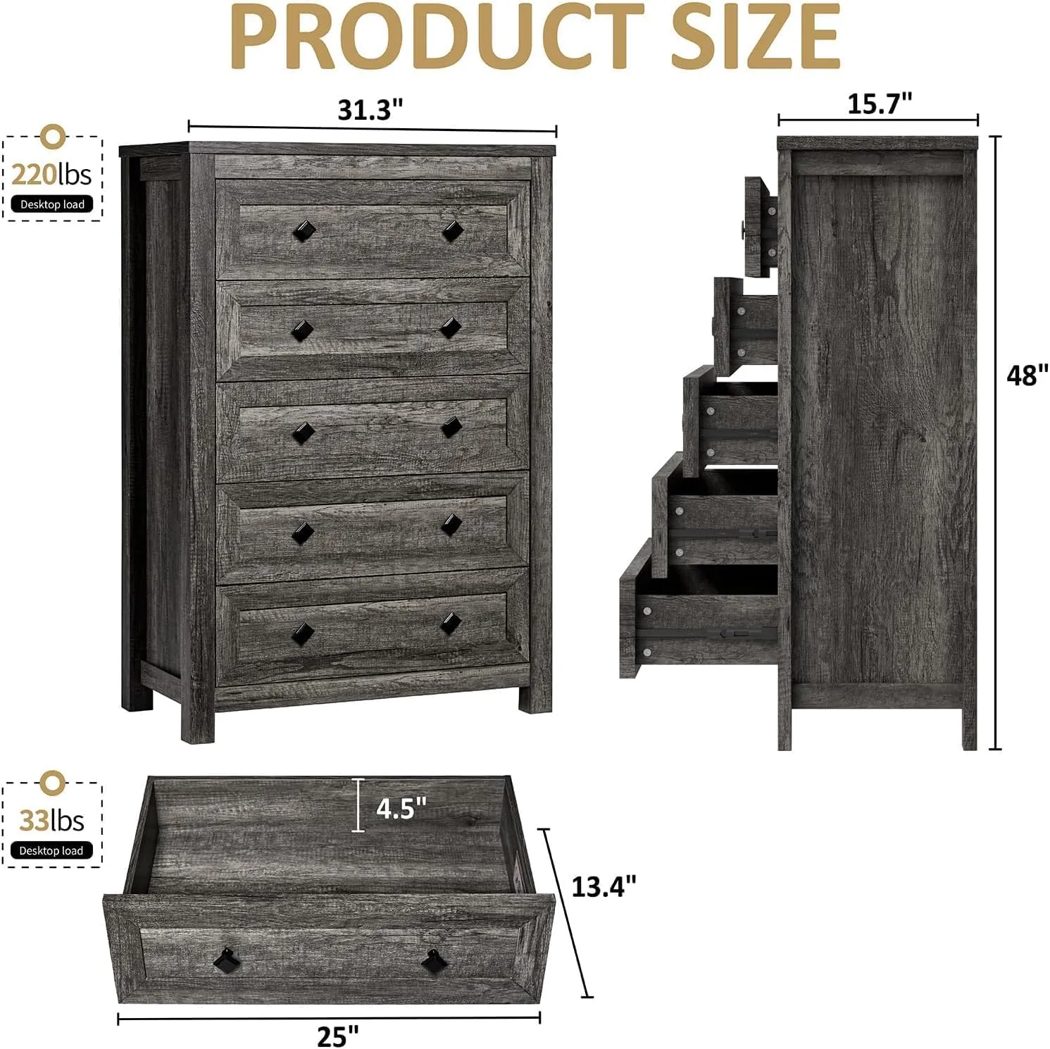 2-Piece Bedroom Set, Farmhouse King Size Bed Frame and 5 Drawers Dresser, Wooden Storage Bed with Charging Station & 4 Drawers, Tall Dressers Organizer with Metal Handles for Bedroom, Grey