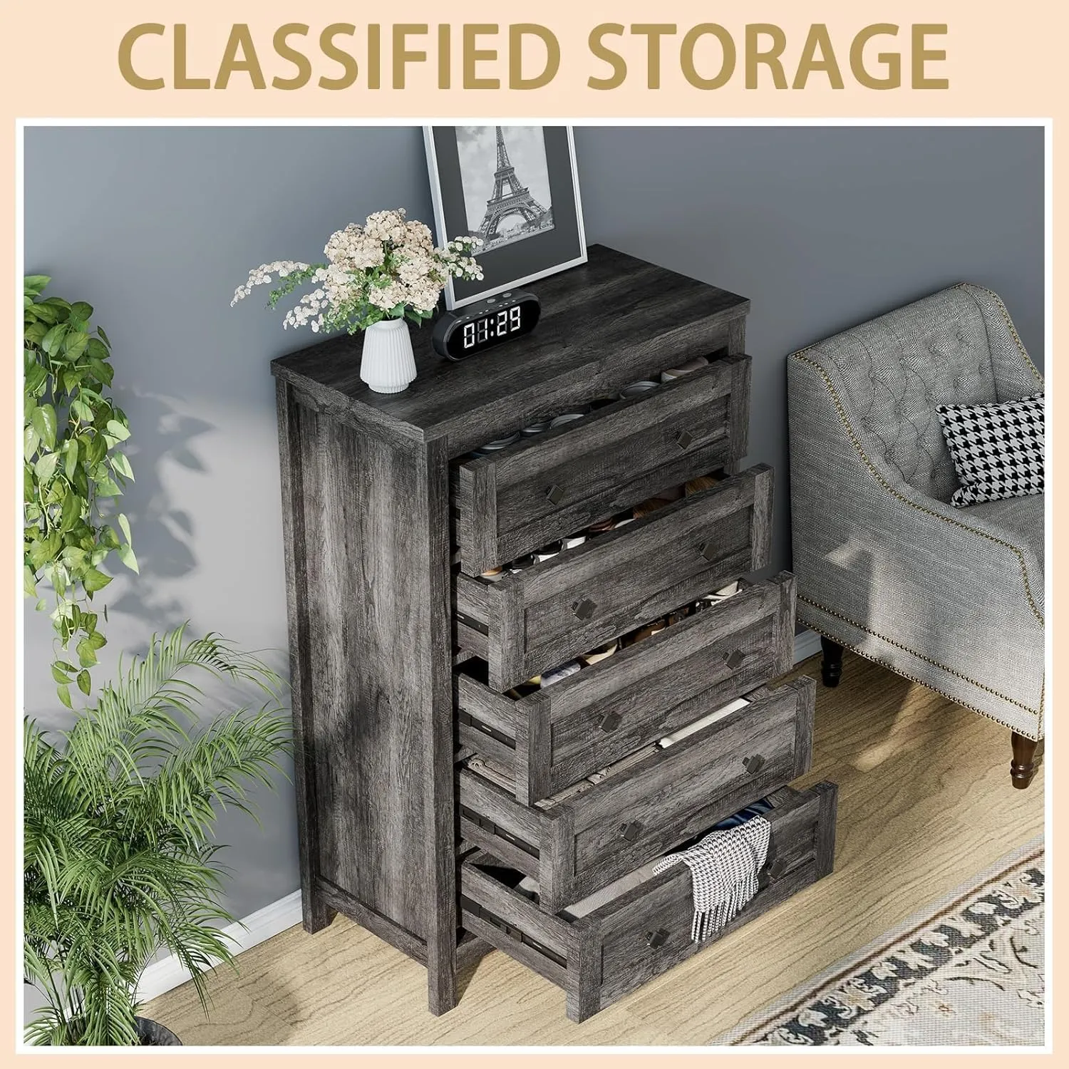 2-Piece Bedroom Set, Farmhouse King Size Bed Frame and 5 Drawers Dresser, Wooden Storage Bed with Charging Station & 4 Drawers, Tall Dressers Organizer with Metal Handles for Bedroom, Grey