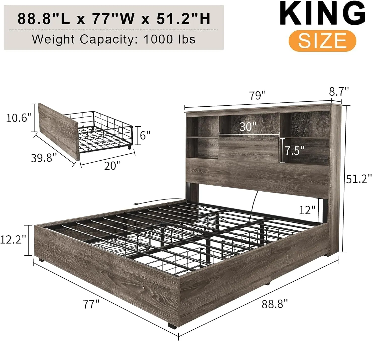 2-Piece Bedroom Set, Farmhouse King Size Bed Frame and 5 Drawers Dresser, Wooden Storage Bed with Charging Station & 4 Drawers, Tall Dressers Organizer with Metal Handles for Bedroom, Grey