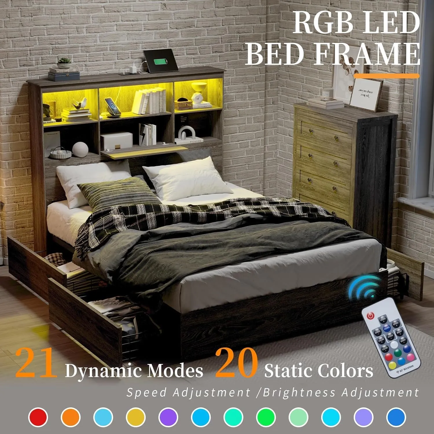 2-Piece Bedroom Set, Farmhouse King Size Bed Frame and 5 Drawers Dresser, Wooden Storage Bed with Charging Station & 4 Drawers, Tall Dressers Organizer with Metal Handles for Bedroom, Grey