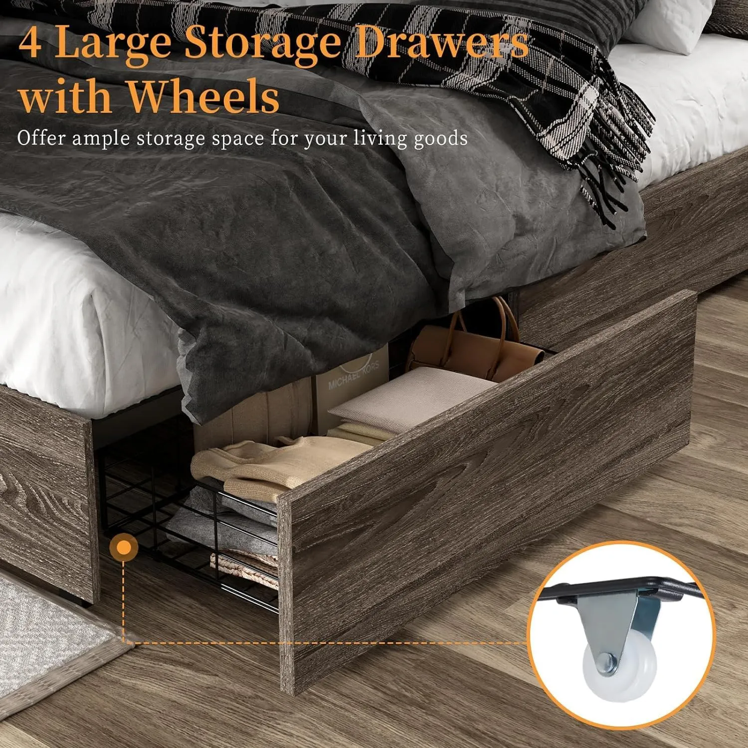 2-Piece Bedroom Set, Farmhouse King Size Bed Frame and 5 Drawers Dresser, Wooden Storage Bed with Charging Station & 4 Drawers, Tall Dressers Organizer with Metal Handles for Bedroom, Grey