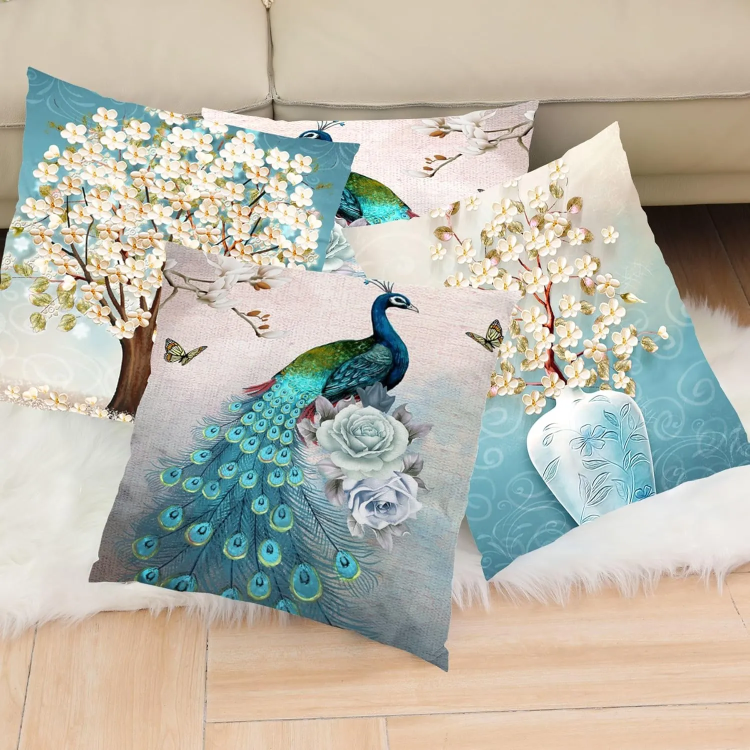 20 x 20 Blue Peacock Throw Pillow Covers, Peacock Pillows Cover 20 x 20, Throw Pillowcases Decorative Outdoor Velvet Square Cases with Hidden Zipper for Couch Sofa Patio Décor