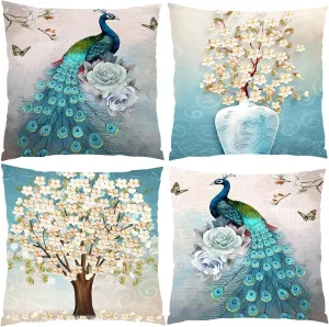 20 x 20 Blue Peacock Throw Pillow Covers, Peacock Pillows Cover 20 x 20, Throw Pillowcases Decorative Outdoor Velvet Square Cases with Hidden Zipper for Couch Sofa Patio Décor