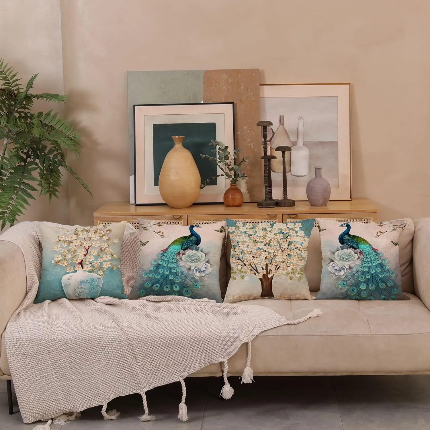 20 x 20 Blue Peacock Throw Pillow Covers, Peacock Pillows Cover 20 x 20, Throw Pillowcases Decorative Outdoor Velvet Square Cases with Hidden Zipper for Couch Sofa Patio Décor