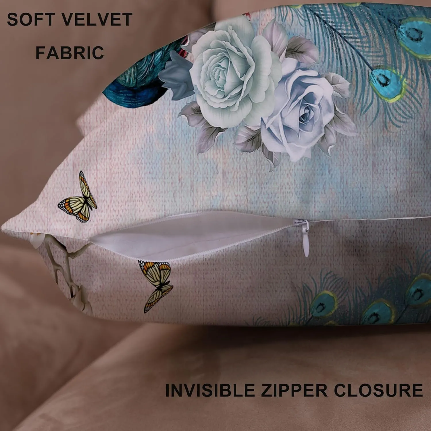 20 x 20 Blue Peacock Throw Pillow Covers, Peacock Pillows Cover 20 x 20, Throw Pillowcases Decorative Outdoor Velvet Square Cases with Hidden Zipper for Couch Sofa Patio Décor