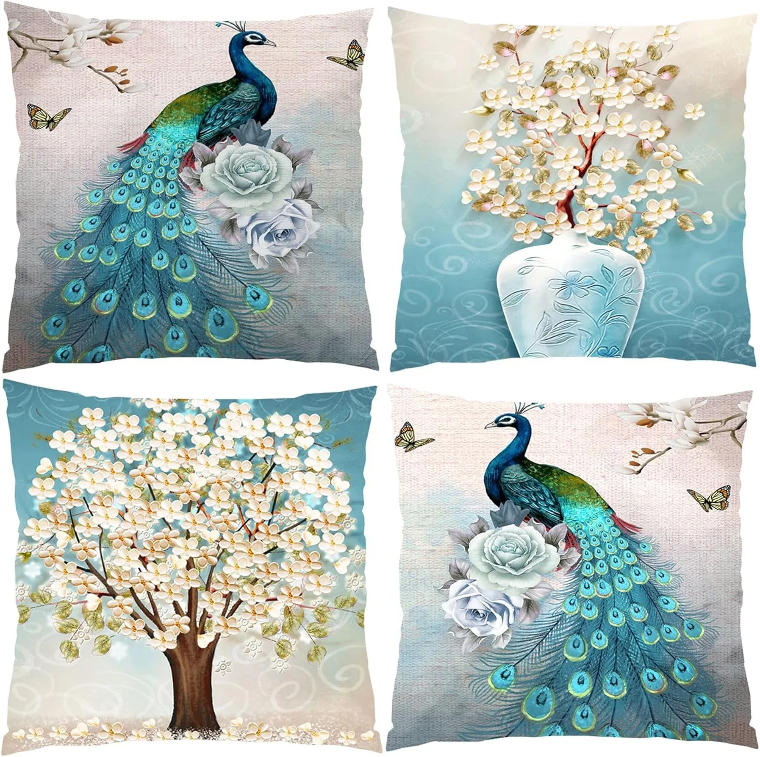 20 x 20 Blue Peacock Throw Pillow Covers, Peacock Pillows Cover 20 x 20, Throw Pillowcases Decorative Outdoor Velvet Square Cases with Hidden Zipper for Couch Sofa Patio Décor