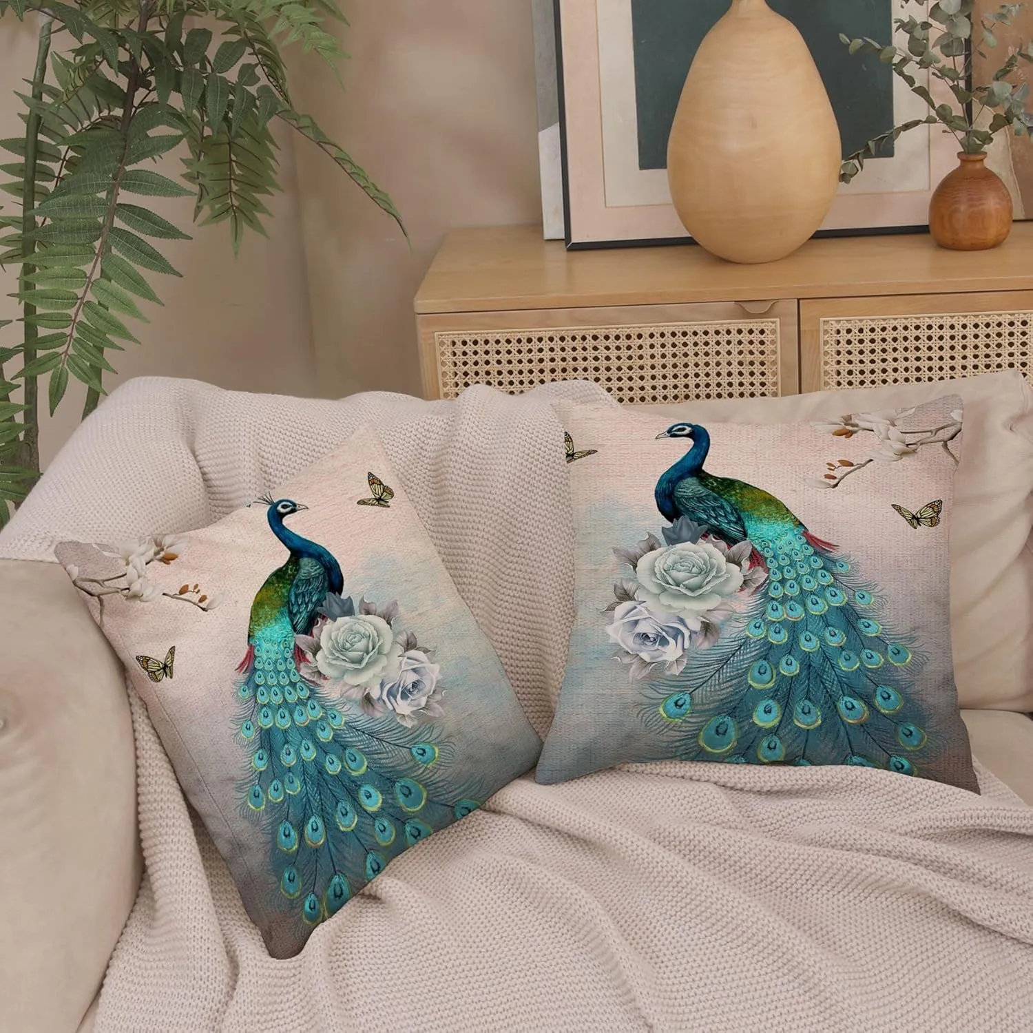 20 x 20 Blue Peacock Throw Pillow Covers, Peacock Pillows Cover 20 x 20, Throw Pillowcases Decorative Outdoor Velvet Square Cases with Hidden Zipper for Couch Sofa Patio Décor