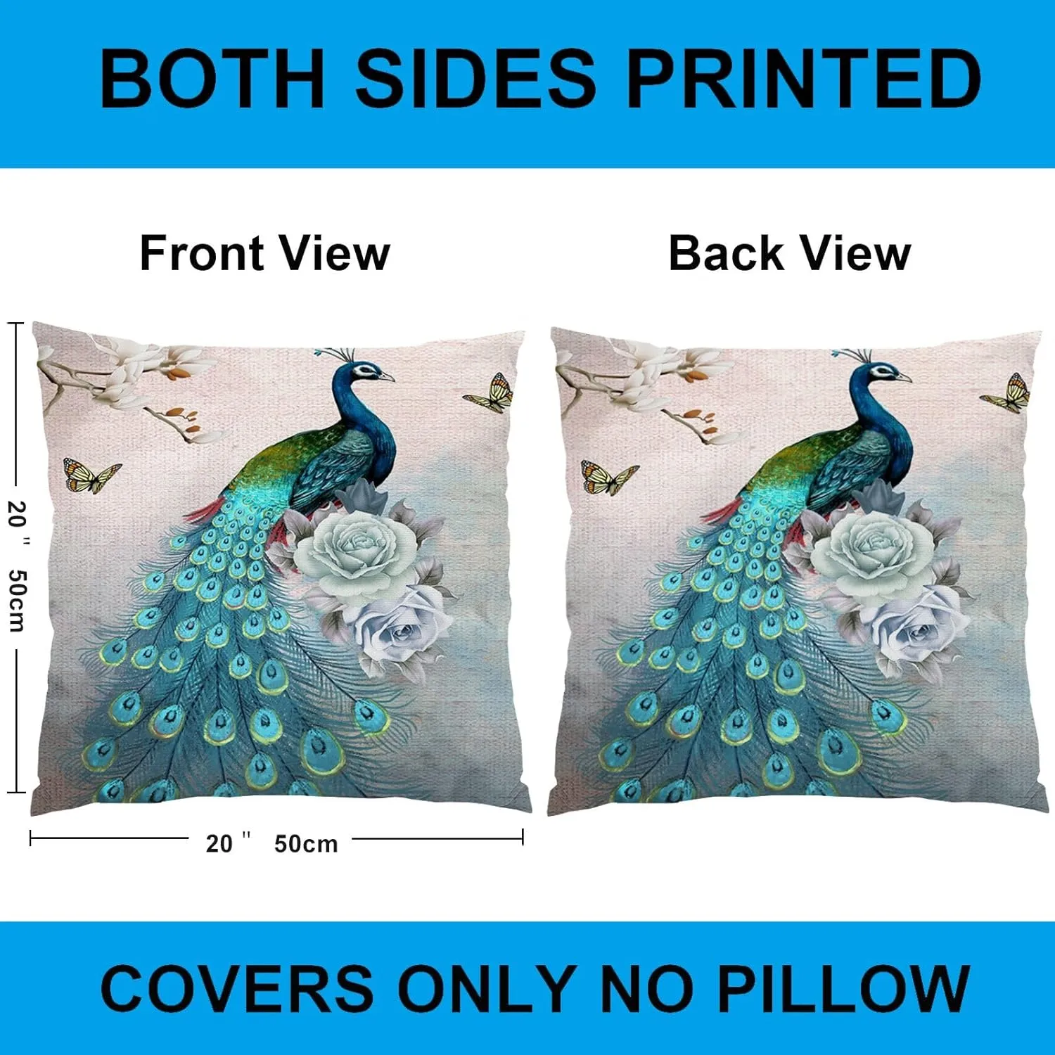 20 x 20 Blue Peacock Throw Pillow Covers, Peacock Pillows Cover 20 x 20, Throw Pillowcases Decorative Outdoor Velvet Square Cases with Hidden Zipper for Couch Sofa Patio Décor