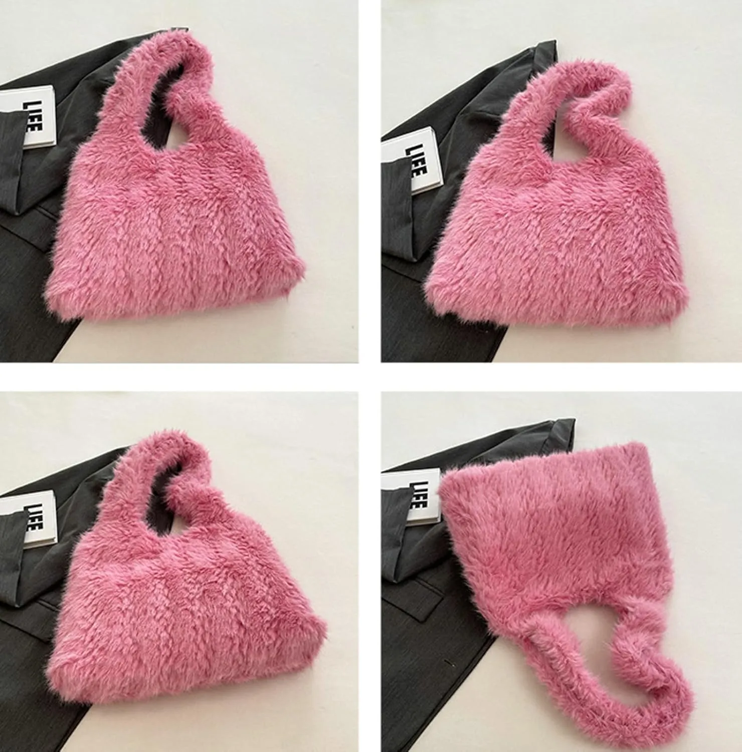 2024 Winter Fall Plush Shoulder Bag Women Fuzzy Tote Soft Faux Fur Handbag Magnetic Closure Small Zip Pocket